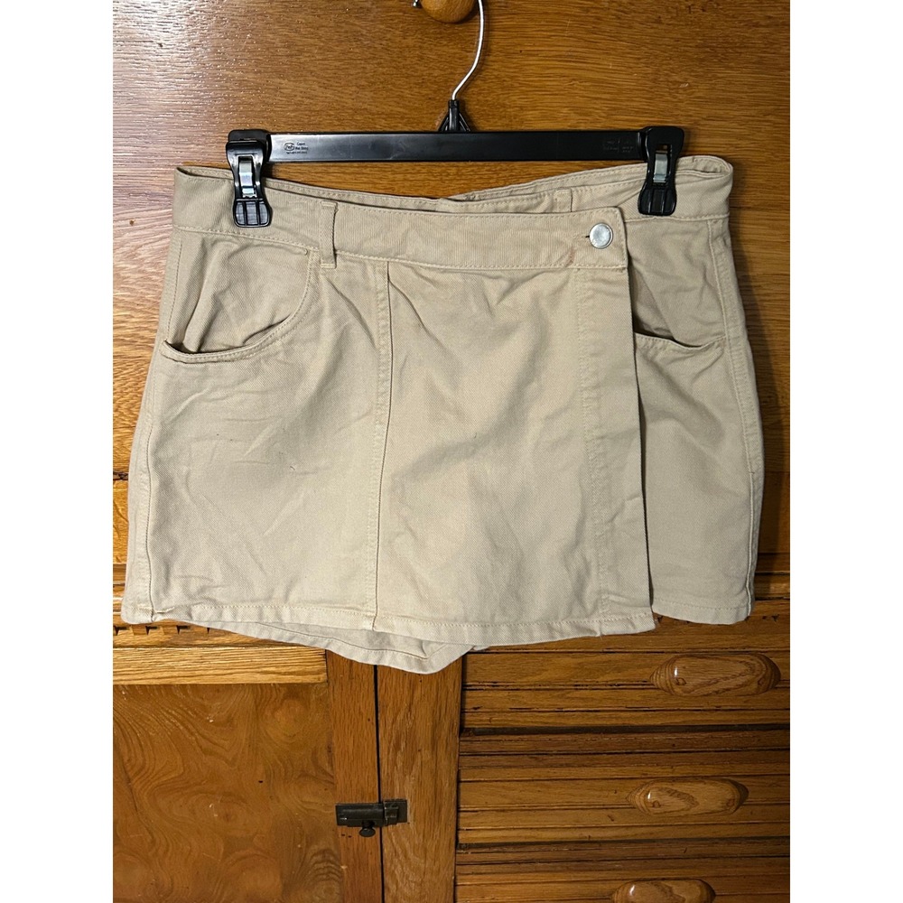 Zara Gorpcore Casual Utility Tan Beige Denim Wrap Skort Mini Skirt Shorts Cargo